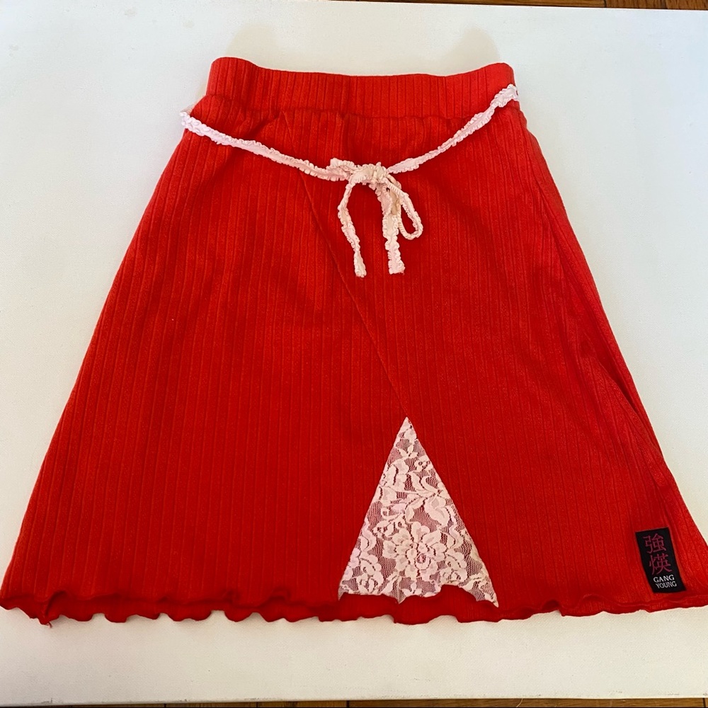 Gangyoung Cherry Red Mini Skirt with White Lace and Elastic Tie